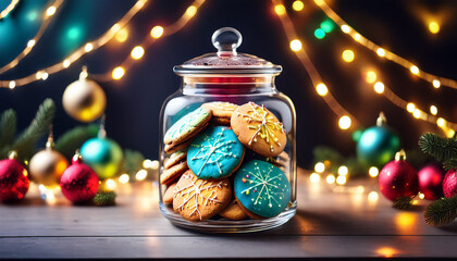 Fototapeta premium Colorful Christmas cookies displayed in a festive jar with twinkling lights and holiday decorations