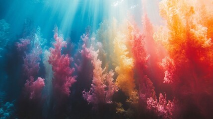 Fototapeta premium Vibrant underwater coral reef scene with colorful light rays.