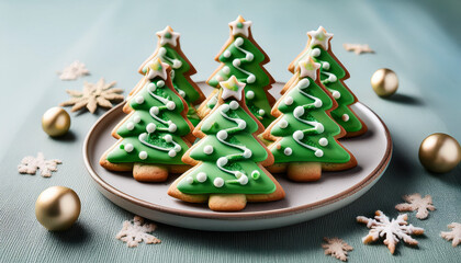 Delightful holiday cookies shaped like Christmas trees decorated with green icing and candy on a festive plate
