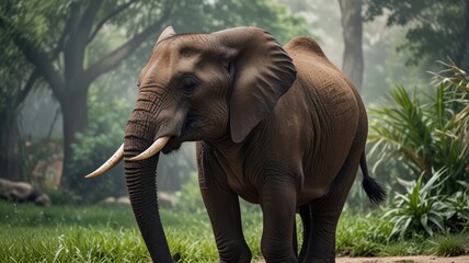Fototapeta premium Majestic African elephant in lush green forest.