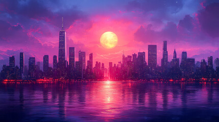 Obraz premium Stunning urban skyline at sunset reflecting on tranquil water
