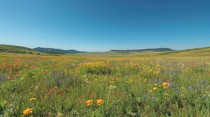 Fototapeta premium Vibrant wildflowers bloom in a vast meadow under a clear blue sky.