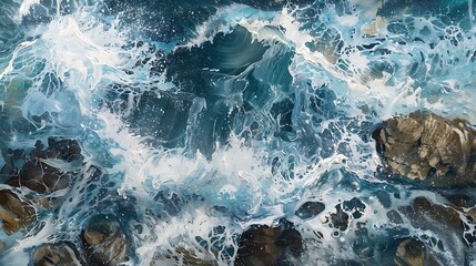 "Majestic Ocean Waves Crashing Against Rugged Rocks, Creating an Abstract Pattern of Dynamic Motion and Natural Beauty in Stunning Coastal Scenery"

