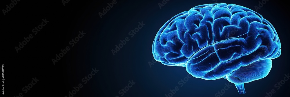 Poster A detailed view highlights a brain illuminated by blue neural pathways. There is ample copy space available for text presentation. Generative AI