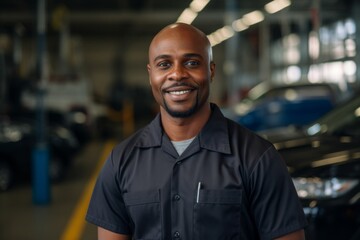 Fototapeta premium Portrait of a middle aged African American car mechanic in workshop