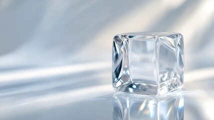 Clear ice cube reflecting light on smooth surface