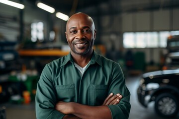 Obraz premium Portrait of a middle aged African American car mechanic in workshop