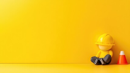 Yellow toy construction worker sitting next to orange cone against yellow background