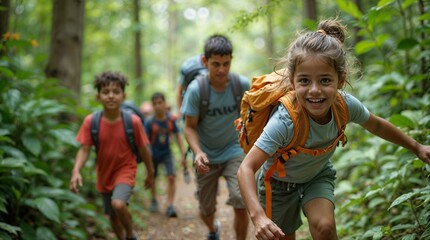 Fototapeta premium A group of happy children go on an educational adventure walk to explore and learn in the lush green tropical forest.