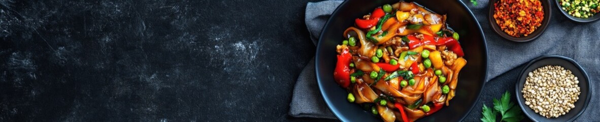 Vibrant vegetable stir-fry with bell peppers and pine nuts on dark background.