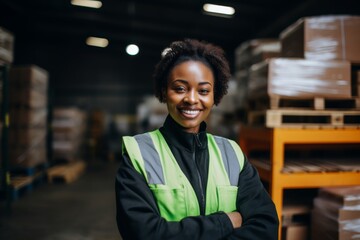 Fototapeta premium Portrait of a smiling African American female worker at factory