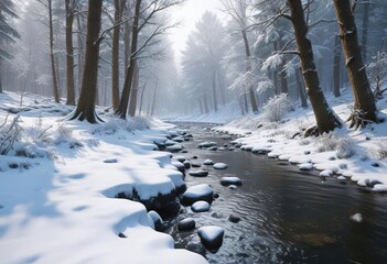 Snowy forest with a frozen stream running through it, snowy landscape, frozen stream