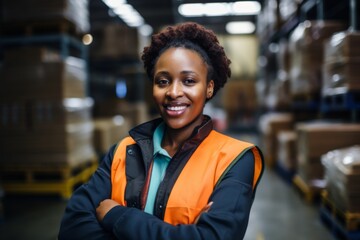 Fototapeta premium Portrait of a smiling African American female worker at factory