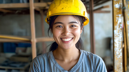 Young asian female construction worker smiling confidently in workshop