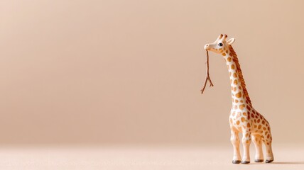 Small giraffe figurine holding twig in its mouth on beige background
