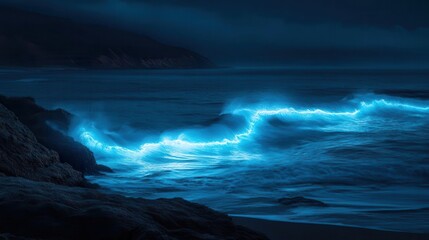 Fototapeta premium A glowing wave illuminated in blue against a dark night ocean scene.