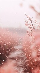 Serene image of pink blossoms and gentle rain, creating a dreamy and peaceful atmosphere. Perfect for illustrating tranquility, spring, or nature themes.