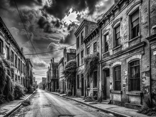 Desolate city street captured in black and white, showcasing decaying buildings. Evocative of urban exploration, revealing the haunting beauty of abandonment and neglect.