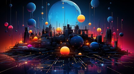 Futuristic cityscape with vibrant spheres and glowing elements.
