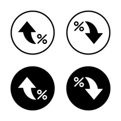 Arrow percent icon on black circle. Up and down percentage sign symbol