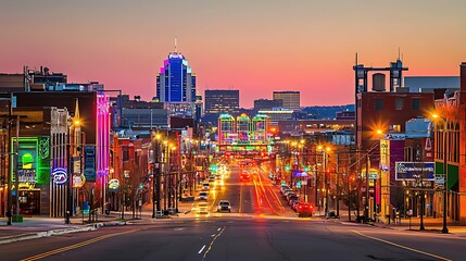 Fototapeta premium Vibrant city street at twilight, buildings, lights, and traffic.