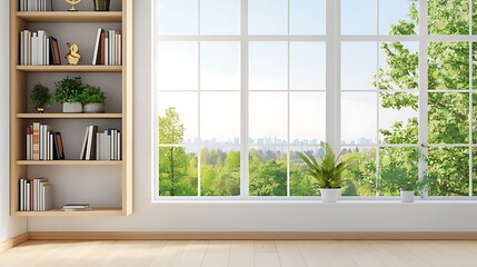Fototapeta premium Bright room with bookshelf, large window, and city view.
