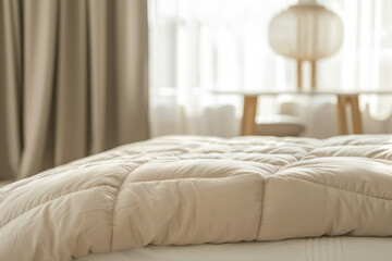 A beige comforter on the bed against a blurred and bright background with warm tones creates a minimalist style room with an indoor table in front.