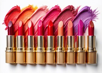 Obraz premium Discover captivating lipstick swatches in brilliant colors on a pristine white background, designed for cosmetics enthusiasts who appreciate the artistry of stunning product photography.