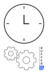 Simplified clock face with gears and a buffer gauge indicating efficiency. Ideal for project management, logistics, workflow optimization, productivity improvement, operational efficiency, time