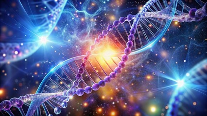 DNA strands in space illuminated by vibrant numbers and letters, captured through macro photography, create a captivating blend of science and art for conceptual exploration.