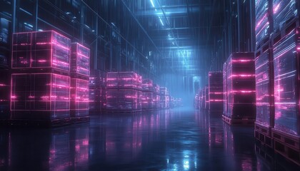 Fototapeta premium A serene warehouse environment where pallets are labeled and organized under glowing holographic grids, soft ambient lighting