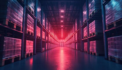 Fototapeta premium A serene warehouse environment where pallets are labeled and organized under glowing holographic grids, soft ambient lighting