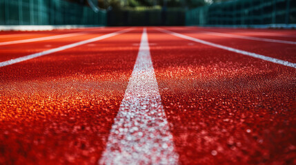 A closeup reveals a red running track with a white line texture background.