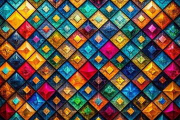 Dynamic aerial photography showcasing vivid diamond shapes against a dark backdrop. This contemporary art piece features striking geometric patterns, captivating colors, and compelling visual aestheti