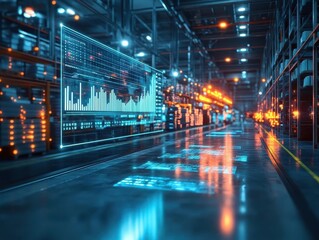Obraz premium A symbolic glowing efficiency chart displayed holographically over a warehouse floor, workers moving efficiently in sync
