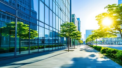 Modern city street with glass buildings and green trees.