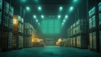 Fototapeta premium A symbolic glowing inventory chart projected above pallets, representing seamless organization, dramatic lighting and depth