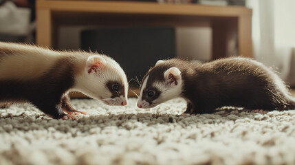Two ferrets playing together on a soft carpet.