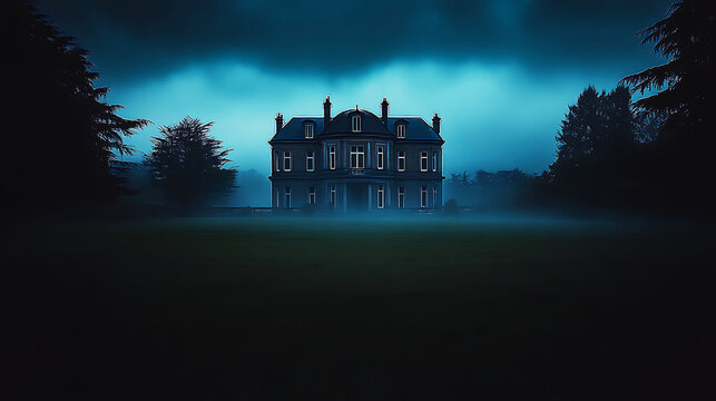 An open field at night with a dilapidated mansion in the background. A dark mist rises up from the ground. The mood is one of darkness and terror for horror fantasy book cover and movie poster design