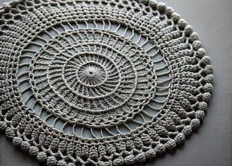 Elegant Grey Background with Intricate Spiral Crochet Design for Home Decor and Textile Art