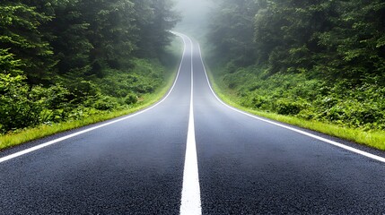 Empty road fading into thick fog, distant sunlight piercing through, symbolizing the journey through uncertainty towards success