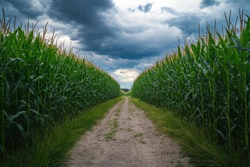 Obraz premium A dirt path between tall cornfields under a cloudy sky.