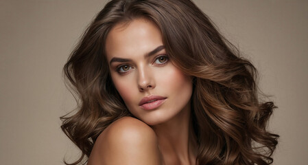 Beautiful model girl with long wavy and shiny hair . Brunette dirl with curly hairstyle. Beauty  smiling woman with  curly hairstyle dye .Fashion, cosmetics and makeup . Cosmetology  