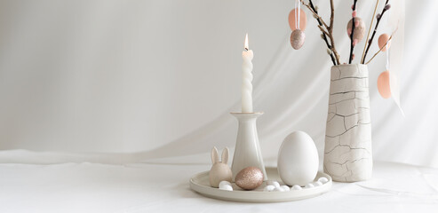 Easter home design. Greeting card. Minimalist white interior.