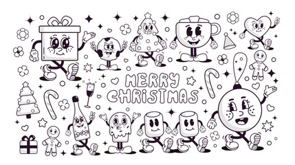 Very big set of doodle Merry Christmas groovy retro outline style. Vintage illustration of Merry Christmas and happy new year characters mascotte. Christmas coloring book element, vibes 70s, 80s, 90s