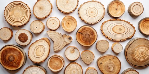 Elegant wooden slices set against a white backdrop offer minimalistic charm with rustic appeal. Ideal for nature-inspired decor and photography, showcasing earthy textures beautifully.