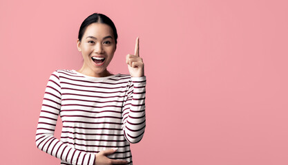Excited Young Asian Woman Raising Finger Up, Having Good Idea, Cheerful Inspired Millennial Korean...