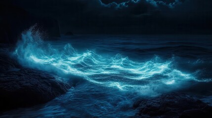 Fototapeta premium A dramatic ocean scene illuminated by glowing waves against a dark sky.