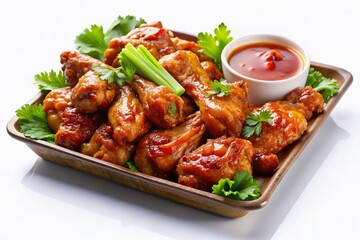 Fototapeta premium Enjoy Golden BBQ Chicken Wings on a tray - a tasty appetizer perfect for parties, game day, or casual dining. Delicious and shareable finger food for everyone!