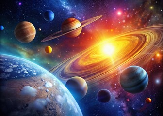 Obraz premium Experience a captivating overview of the solar system, featuring colorful planets and stellar wonders—ideal for astronomy enthusiasts and educational settings alike.
